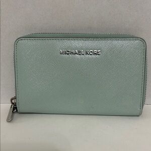 Michael Kors Mint Green Zip-Around Wallet with Silver Logo
